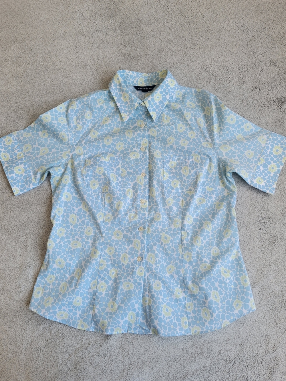 Lands' End Light Blue and Pale Green Floral Short-Sleeve Button-Up Shirt